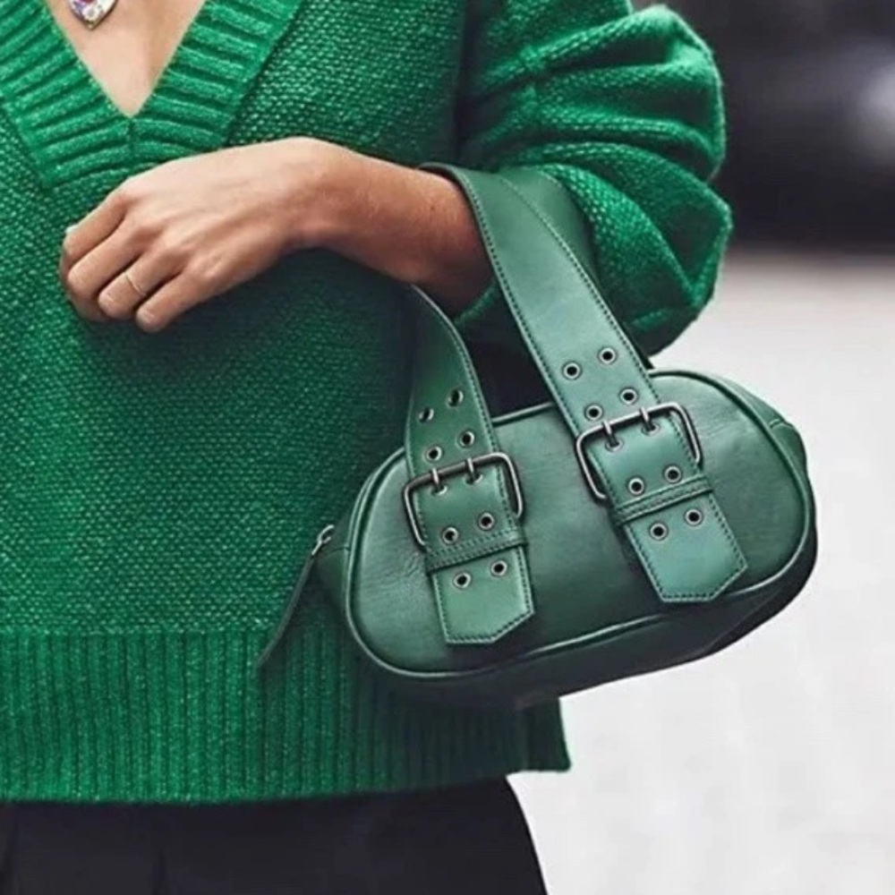Free People say yes Emerald Green leather mini Bag NEW buckle details